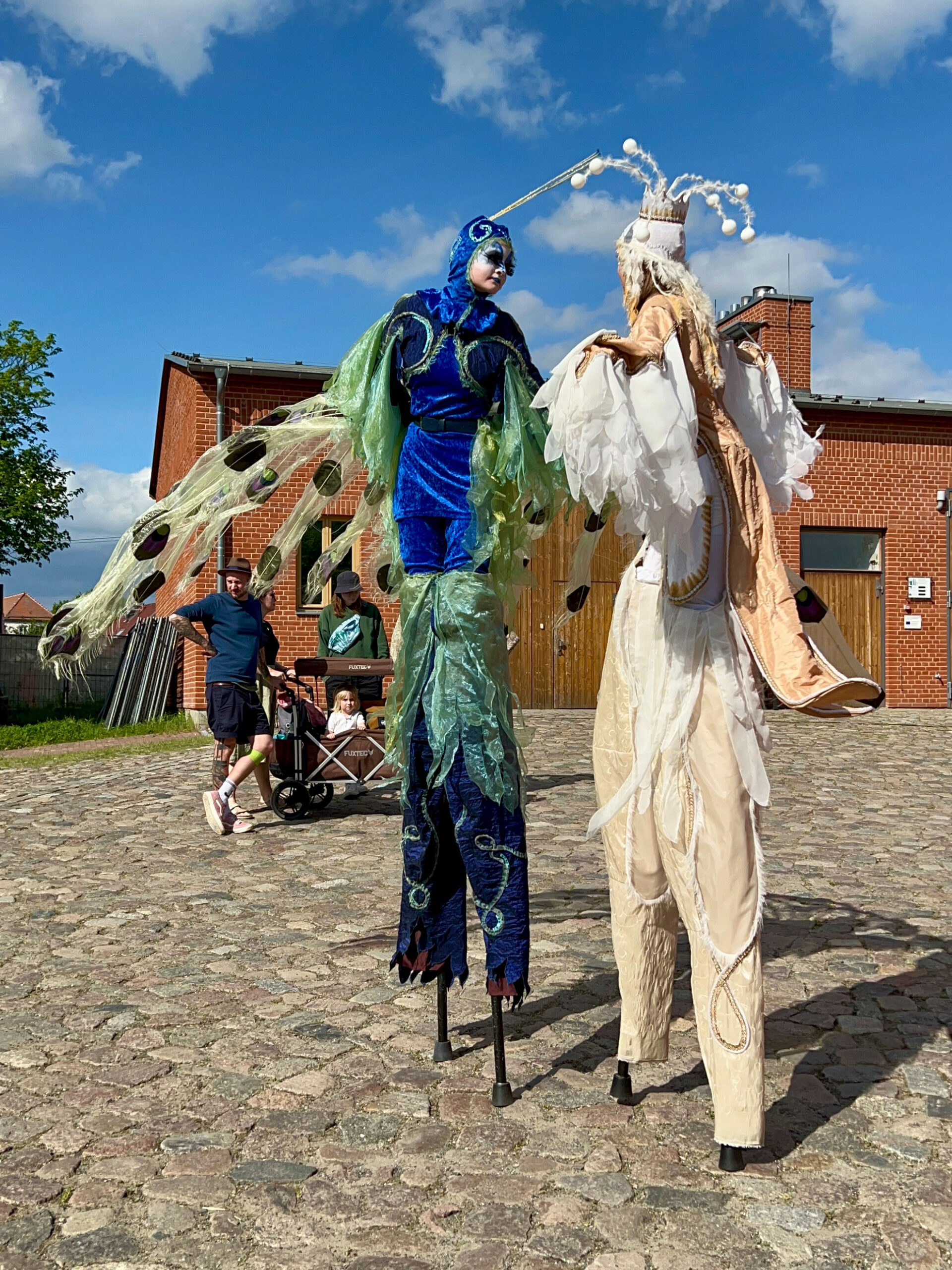 Pfau und Zaunkönig mit Stelzen auf dem Mittelaltermarkt